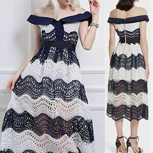 Self-Portrait Off Shoulder Wave Guipure Lace Midi Dress MSRP $550 NWOT